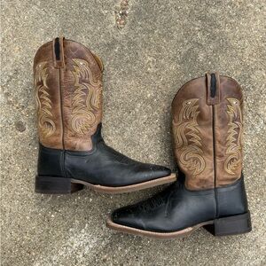 Old West Mens Broad Square Toe Black Canyon/Tan Fry Leather Cowboy Boots 8 EE